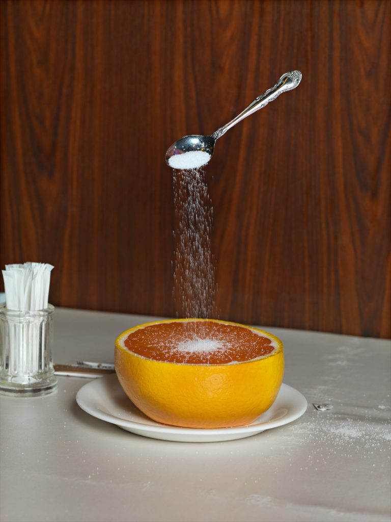 nearly eternal, plastic food, grapefruit and floating spoon, norbert schoerner